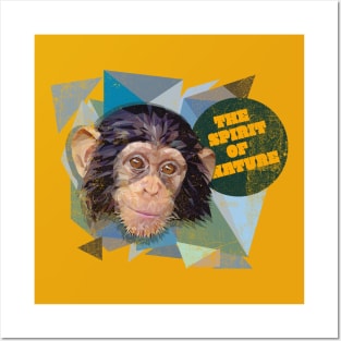 Low polygon art of young chimpanzee with grunge texture. Posters and Art